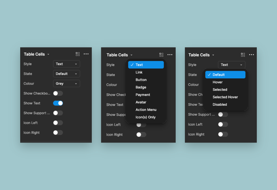 The Melon table-cell design-system component, showing style, state and colour properties in Figma