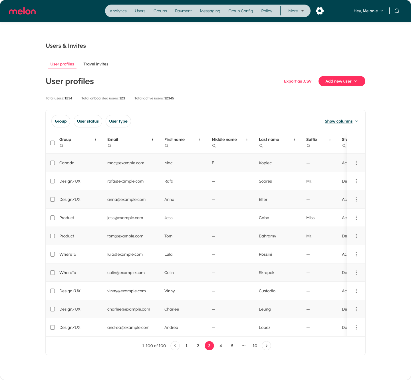 The rebuilt Melon user-profiles table: alternating row shading, bold column headers, per-column search, and a Show columns control