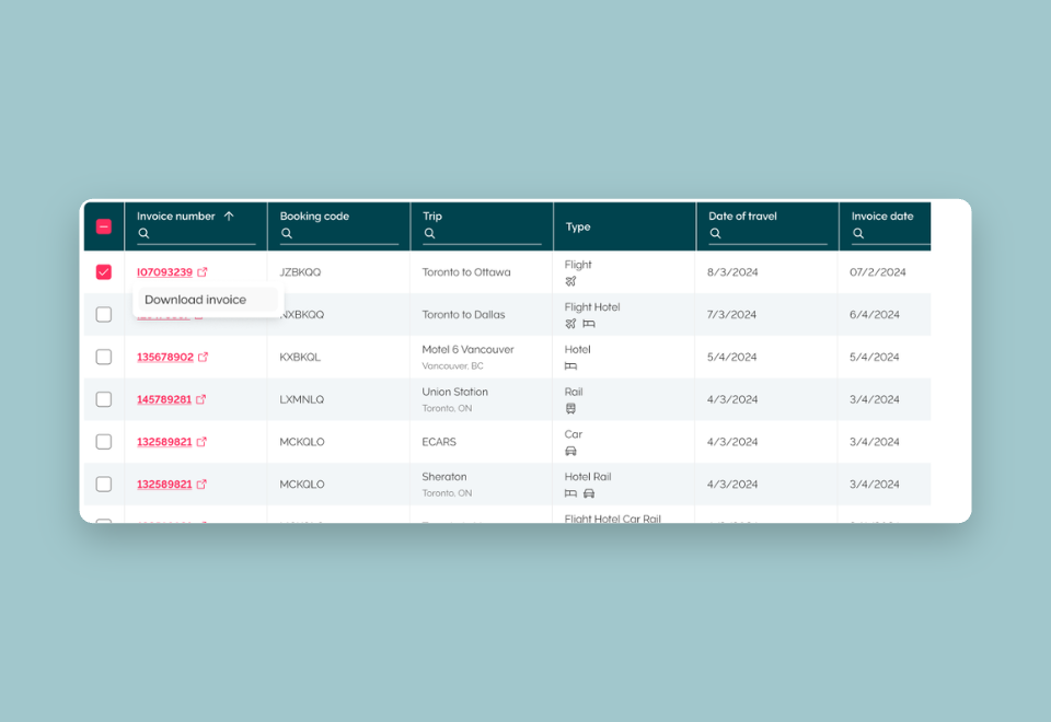 The Melon invoices table: a selected invoice row with a Download invoice action